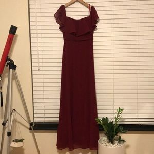 Off the shoulder burgundy bridesmaid dress